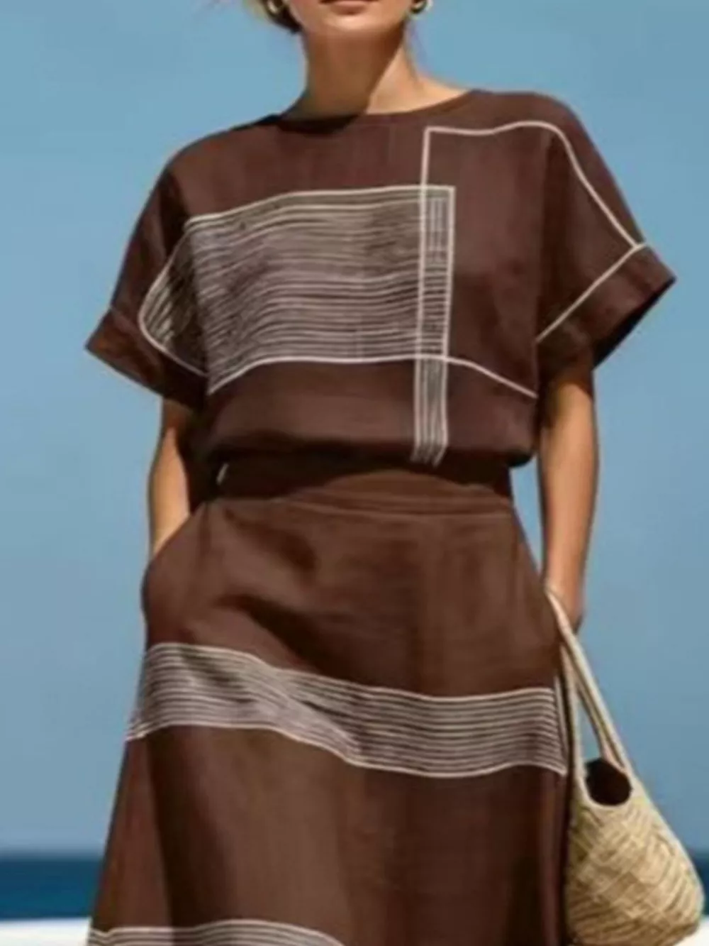 Full Size Striped Round Neck Top and Skirt Set Plus Size, image 7