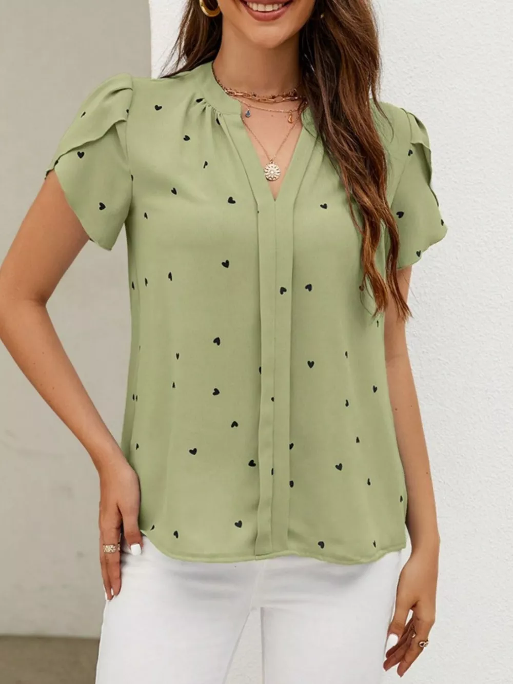 Heart Print Petal Sleeve Blouse, image 16