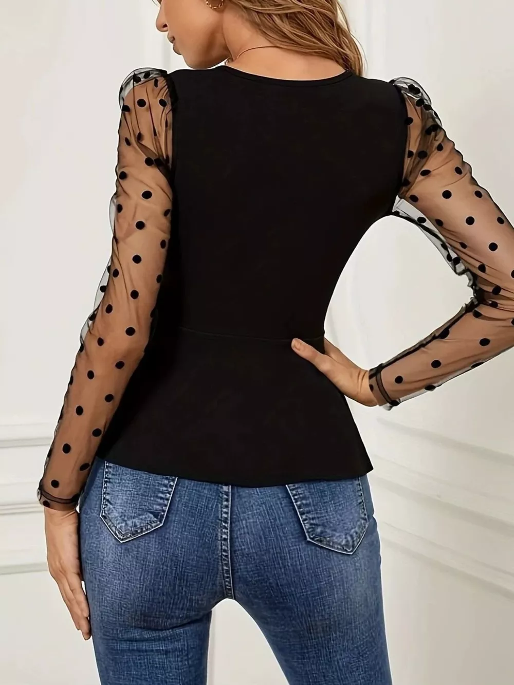Polka Dot Mesh Sleeve Wrap Top, image 4