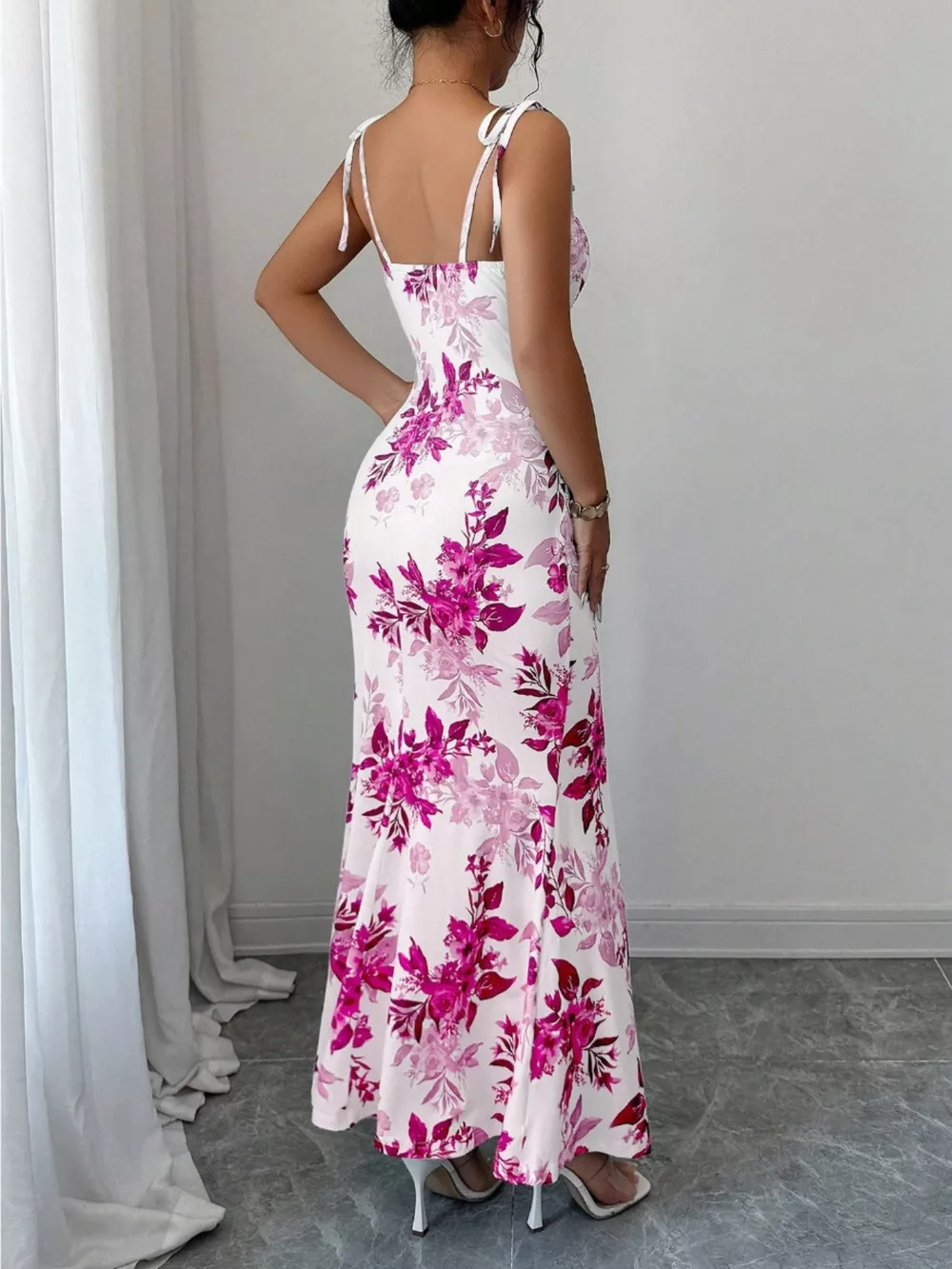 Printed Tie Strap Slit Maxi Dress, image 3