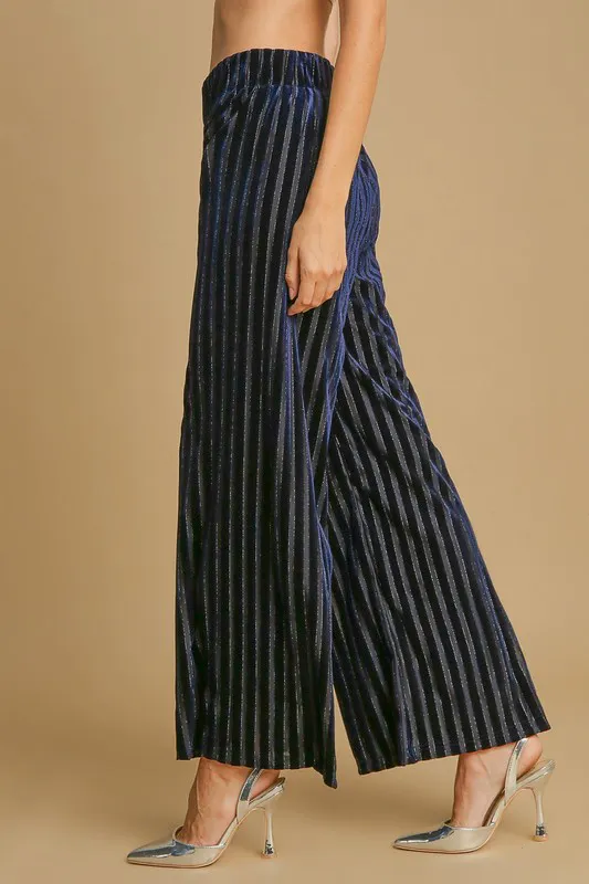 Full Size Elastic Waist Striped Wide Leg Velvet Pants, image 3