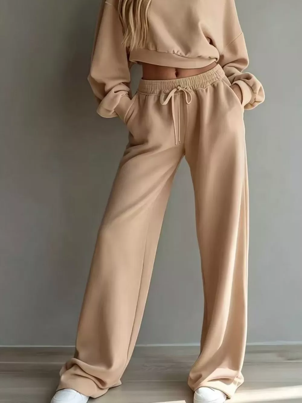 Round Neck Cropped Sweatshirt and Wide-Leg Pants Set, image 14