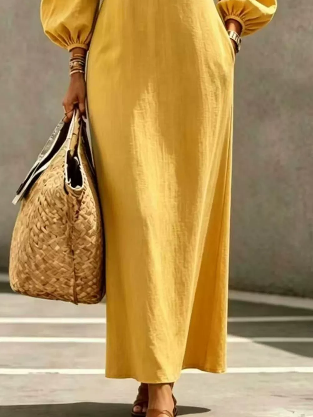 Decorative Button Balloon Sleeve Maxi Dress, image 3