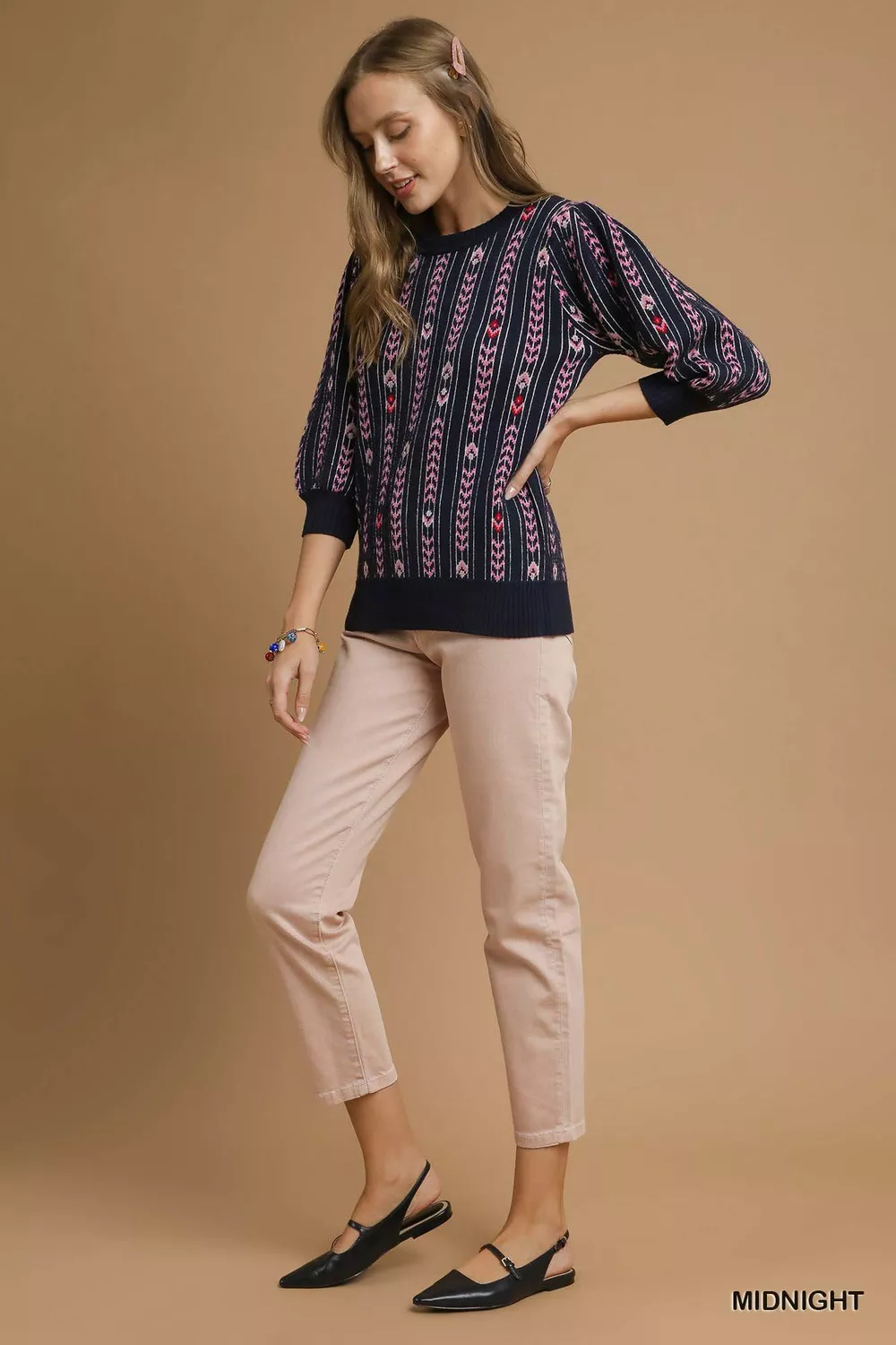 Jacquard Knit Puff Sleeve Sweater, image 6