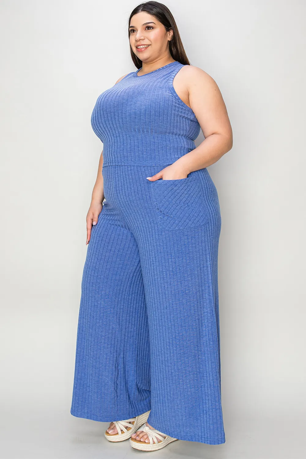 Full Size Ribbed Tank and Wide Leg Pants Set, image 16