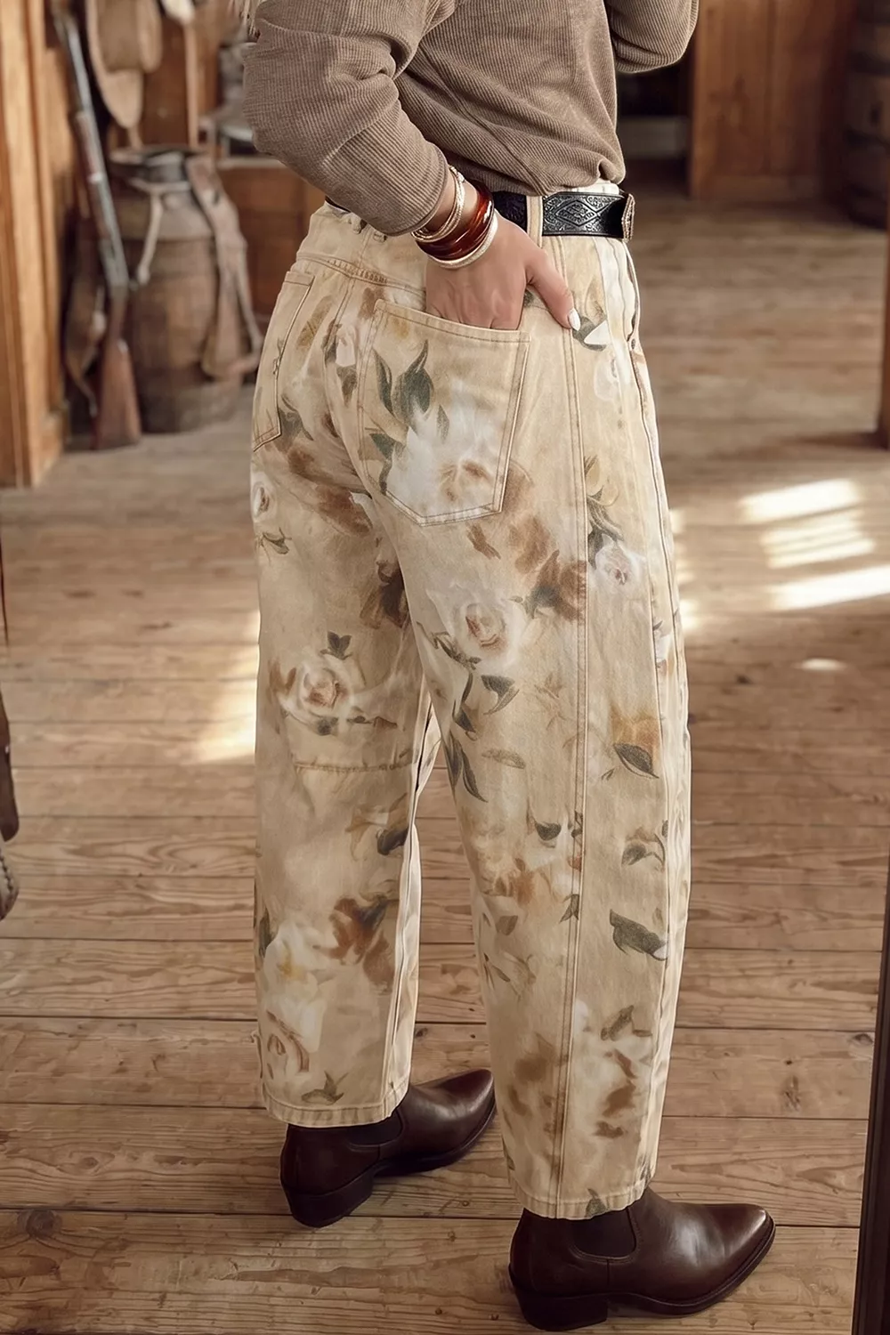 Retro Floral Print Relaxed Barrel Jeans, image 2