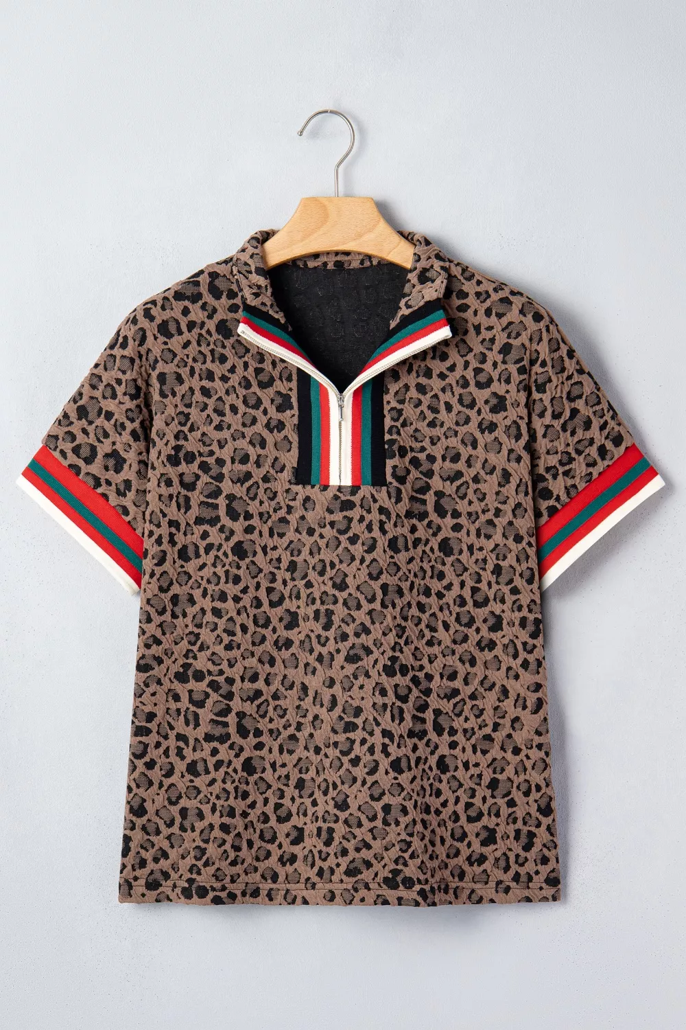 Leopard Jacquard Striped Patchwork Half Zip Short Sleeve Blouse, image 5