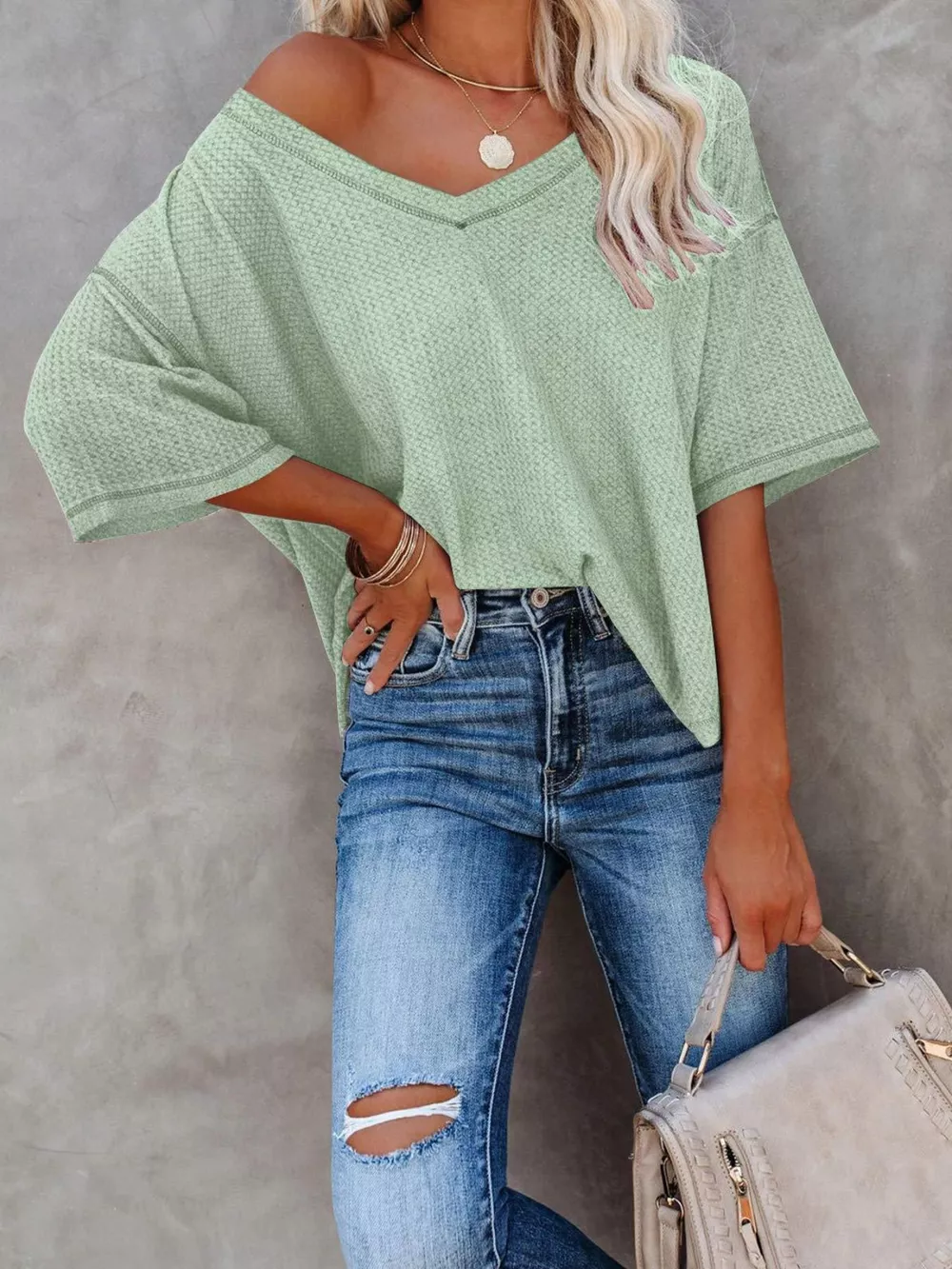 Waffle Knit V-Neck Short Sleeve T-Shirt, image 30