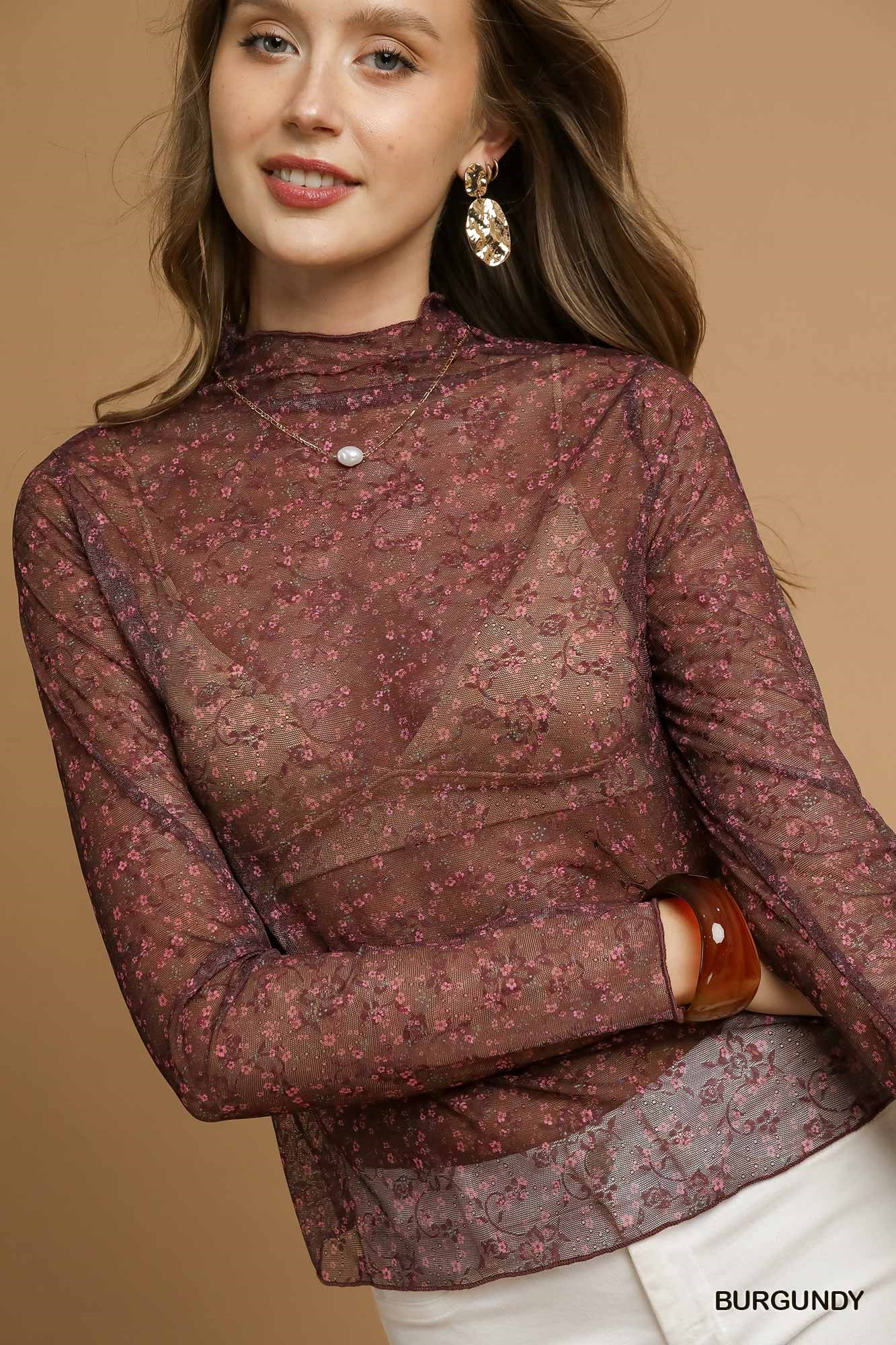 Nylon Lace Mesh Long Sleeve Top, image 6