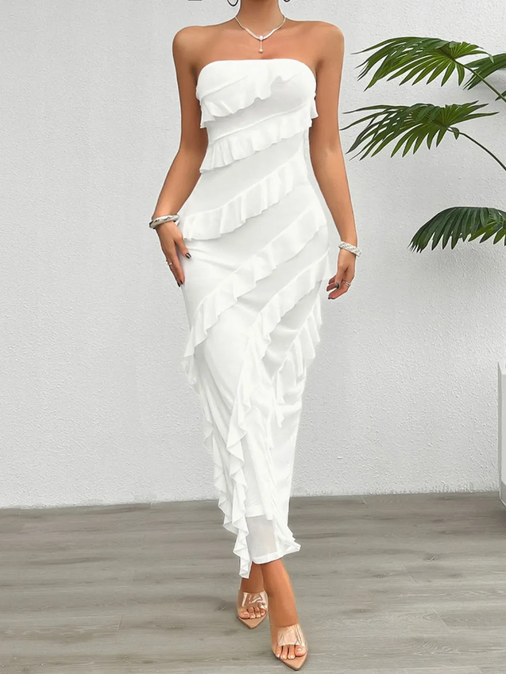 Ruffled Slit Back Tube Maxi Dress, image 2
