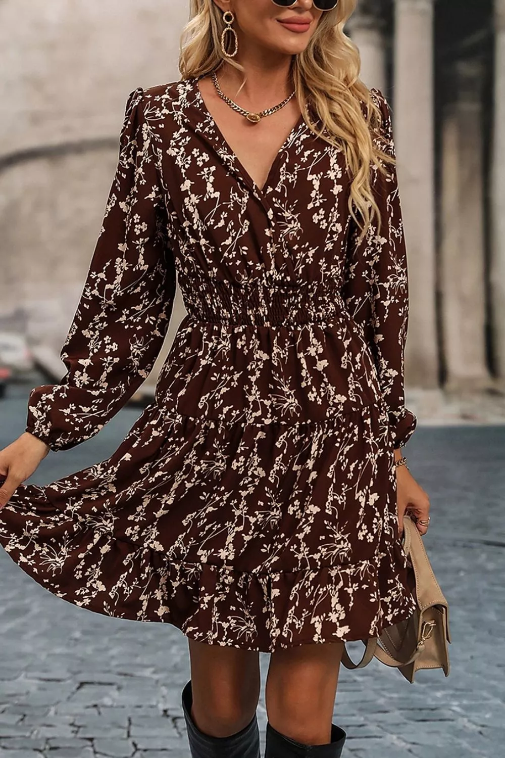 Ditsy Floral Print Split Neck Long Sleeve Shirred Waist Flared Mini Dress, image 2