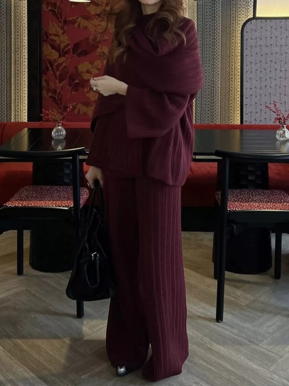 3-Piece Crew Neck Ribbed Sweater and Wide-Leg Pants Set with Scarf, image 17