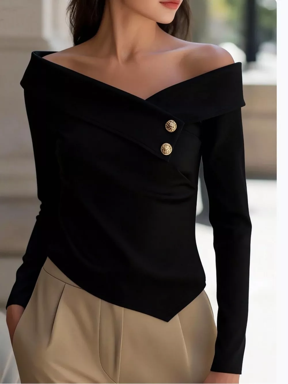 Elegant Off-the-Shoulder Blouse with Decorative Buttons, image 4
