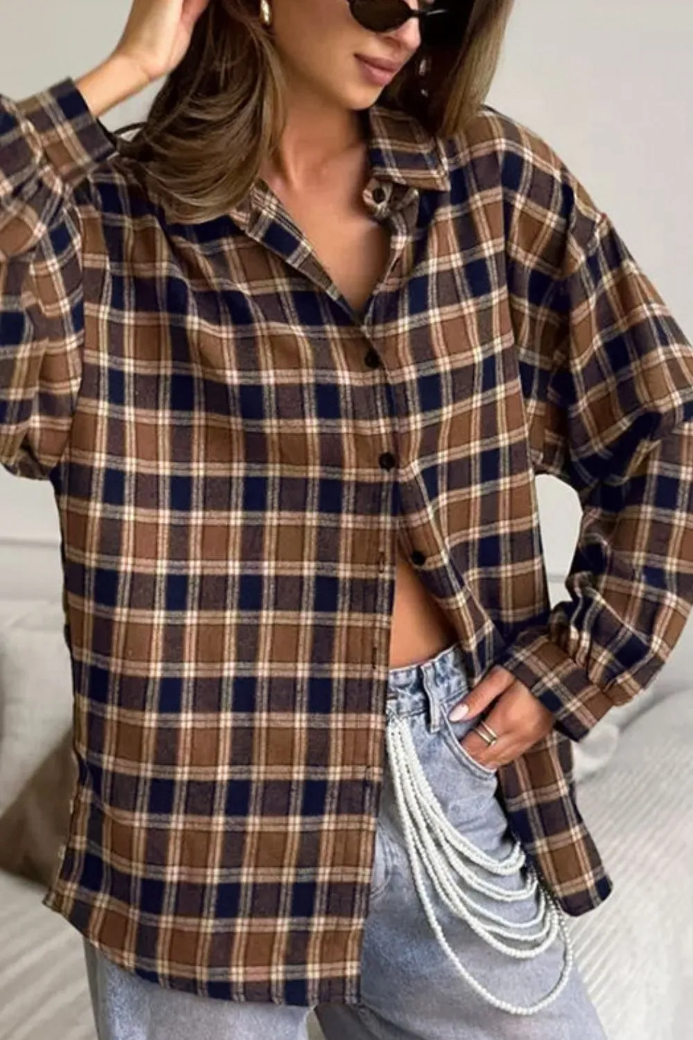 Plaid Button Up Drop Shoulder Shacket, image 2