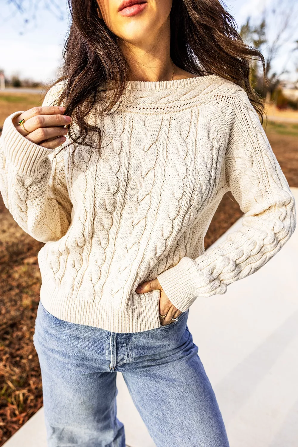 Drop Shoulder Round Neck Cable Knit Sweater, image 3