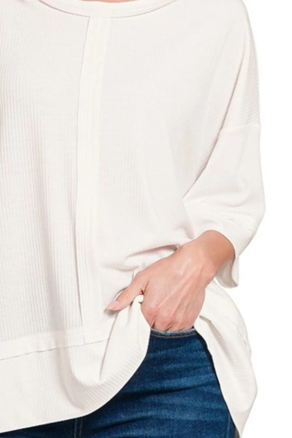 Ribbed Boat Neck 3/4 Sleeve Top, image 3