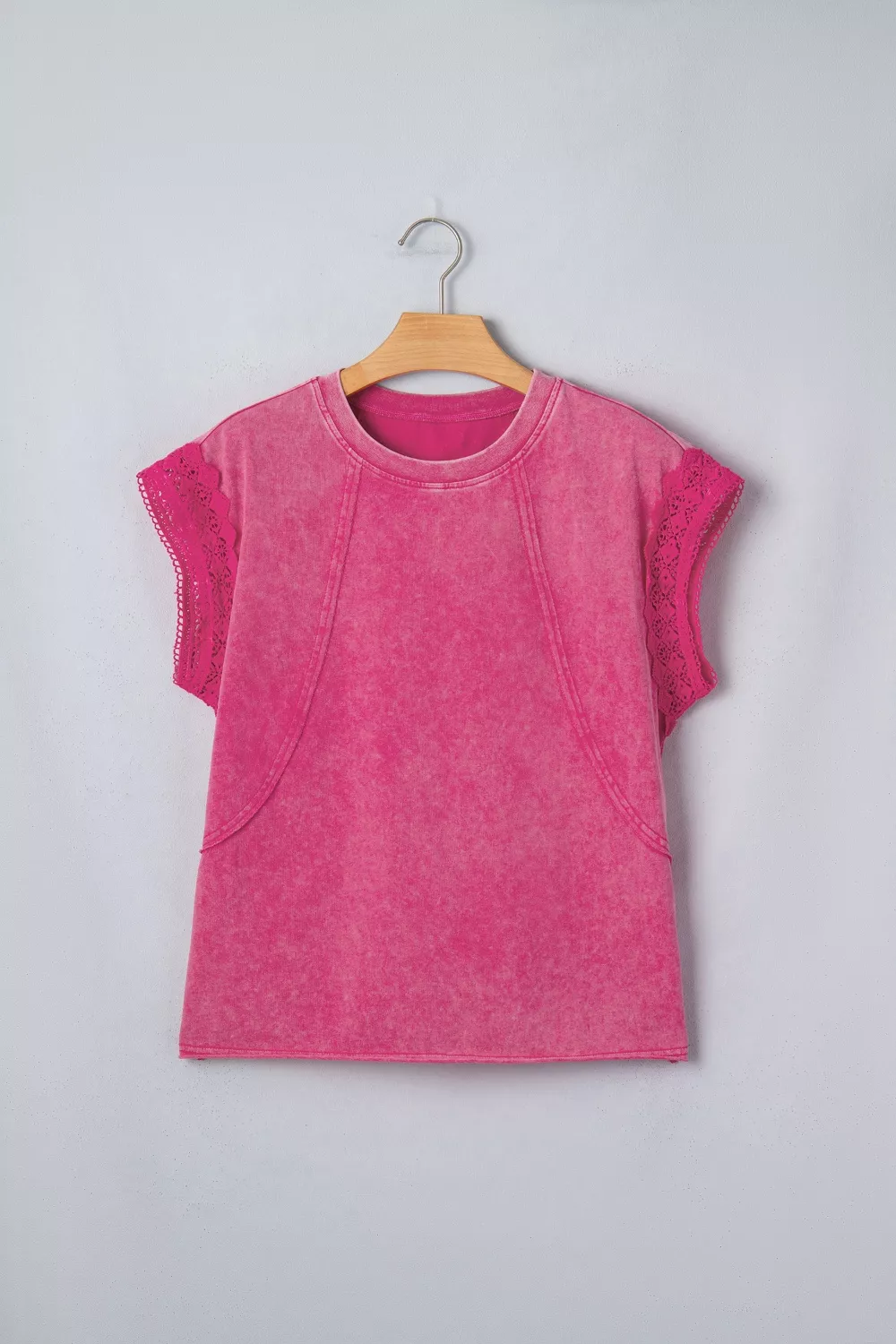 Mineral Wash Raw Seam Detail Lace Trim Cap Sleeve Top, image 7