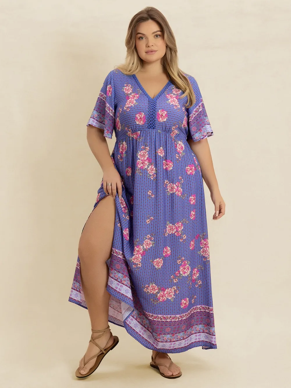 Plus Size Printed V-Neck Flutter Sleeve Dress, image 6