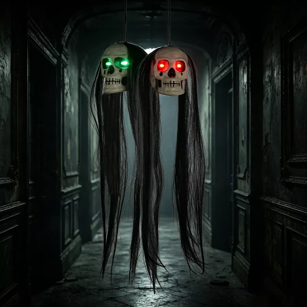 Halloween Hanging Dual-Skull with Glowing Eyes and Long Hair
