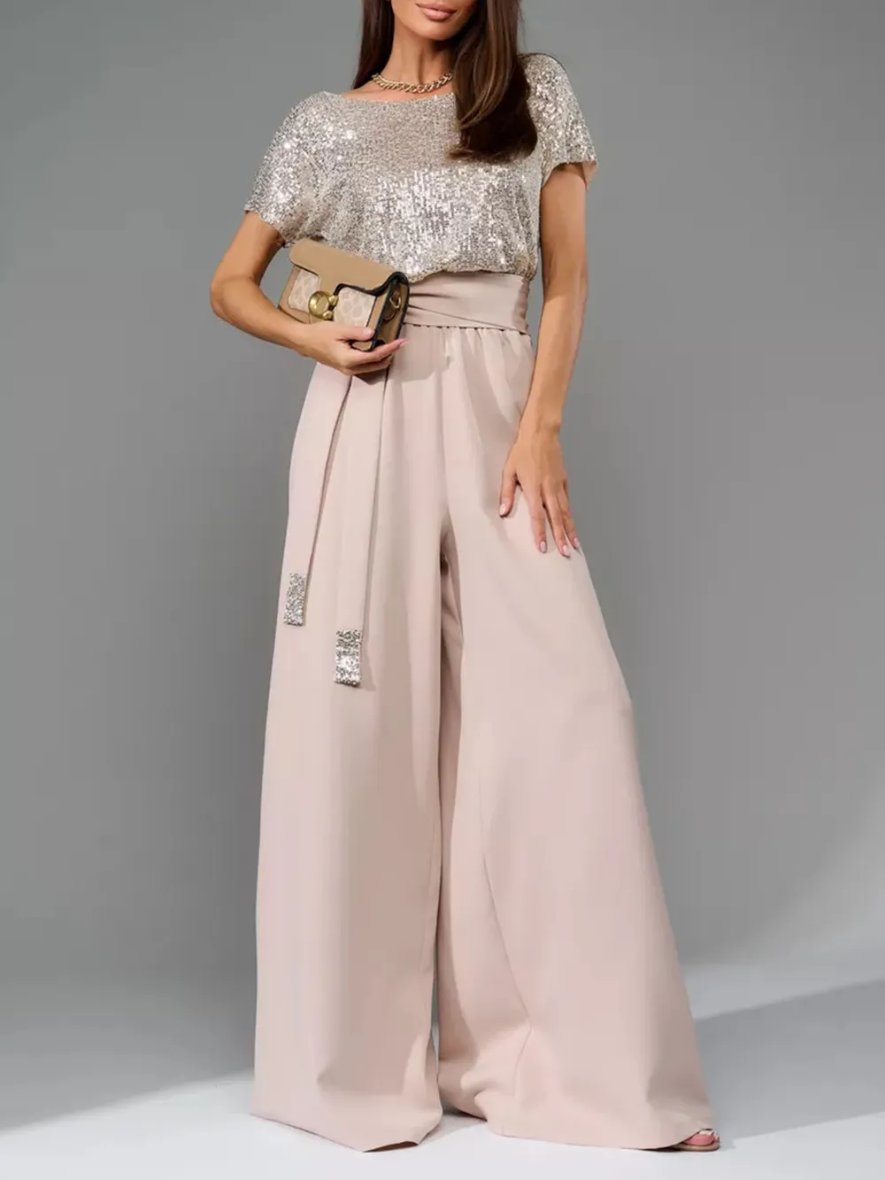 Full Size Sequin Round Neck Short Sleeve Wide Leg Jumpsuit, image 2