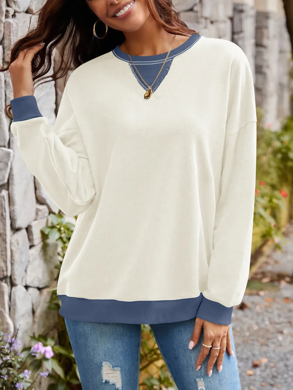 Contrast Round Neck Long Sleeve Sweatshirt, image 26