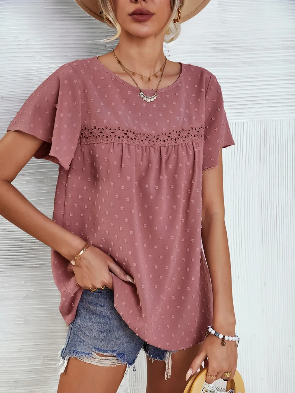 Lace Detail Round Neck Short Sleeve Blouse, image 6