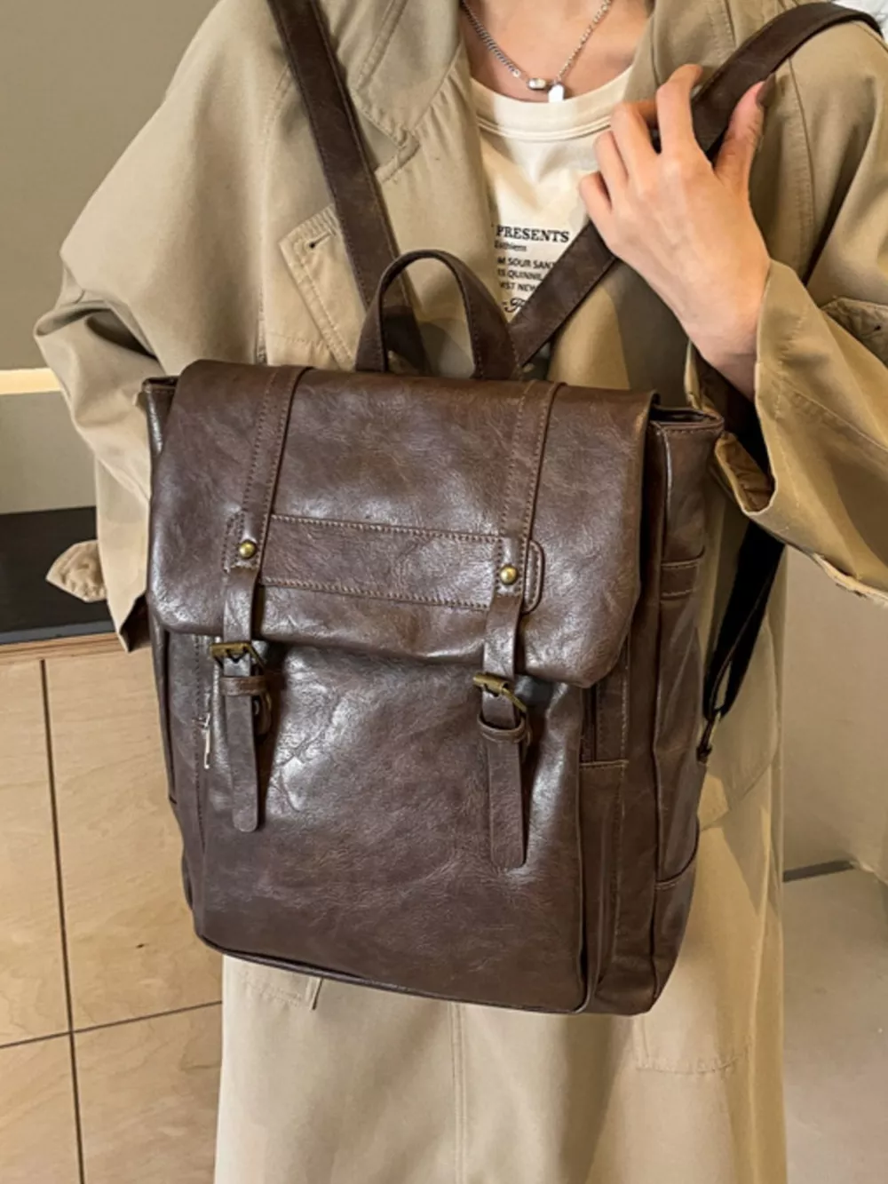 Leather Flap Backpack Bag, image 5