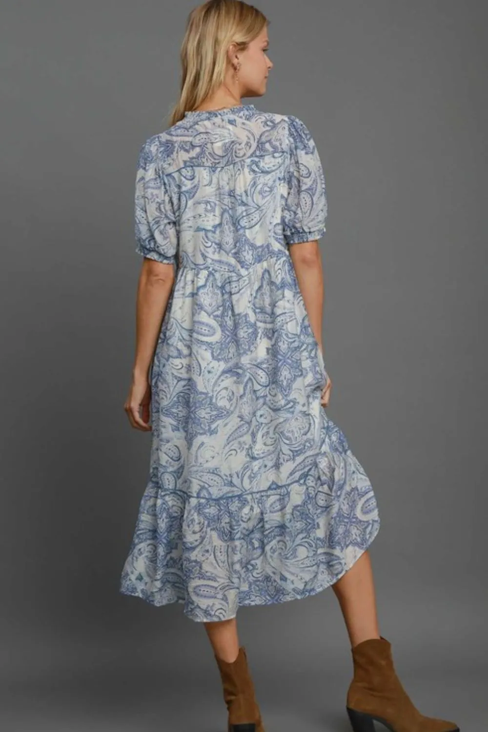 Full Size Printed Puff Short Sleeve Midi Dress Plus Size, image 3