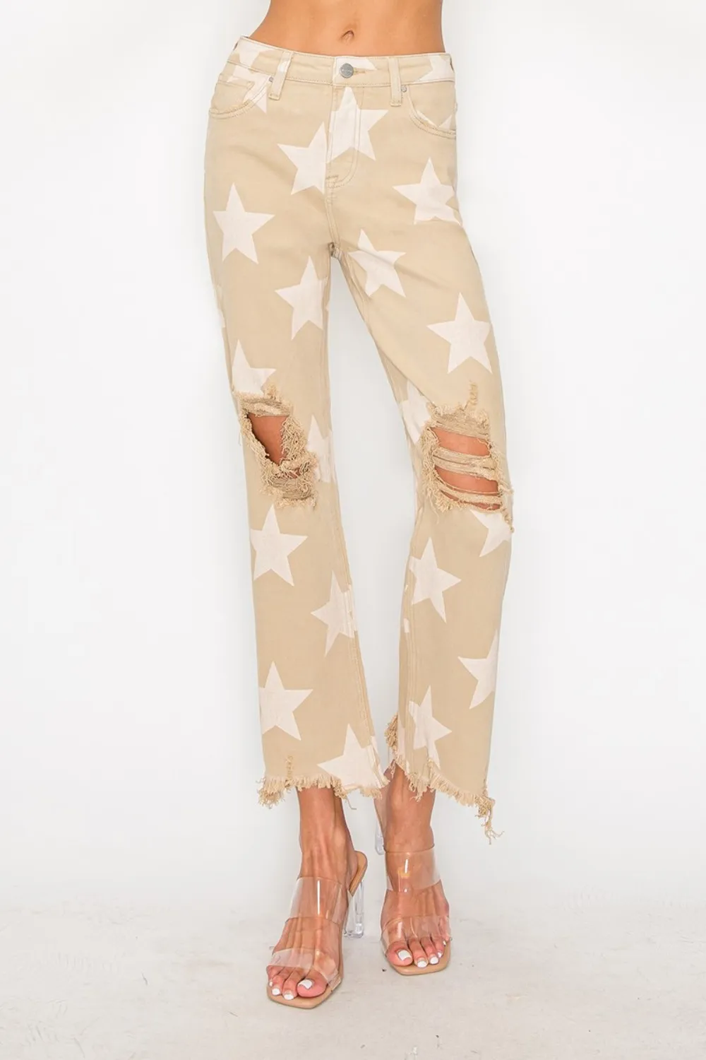 Full Size High Rise Star Printed Frayed Hem Jeans, image 5
