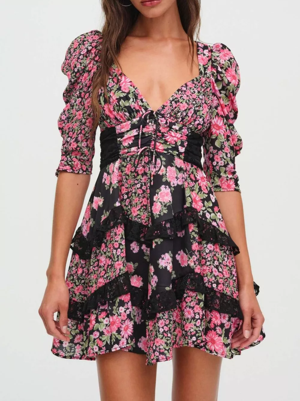 Ruffled Floral Print Half Sleeve Dress