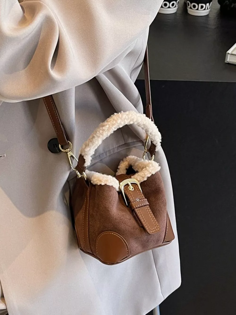Fuzzy Trim Bucket Crossbody Bag, image 8