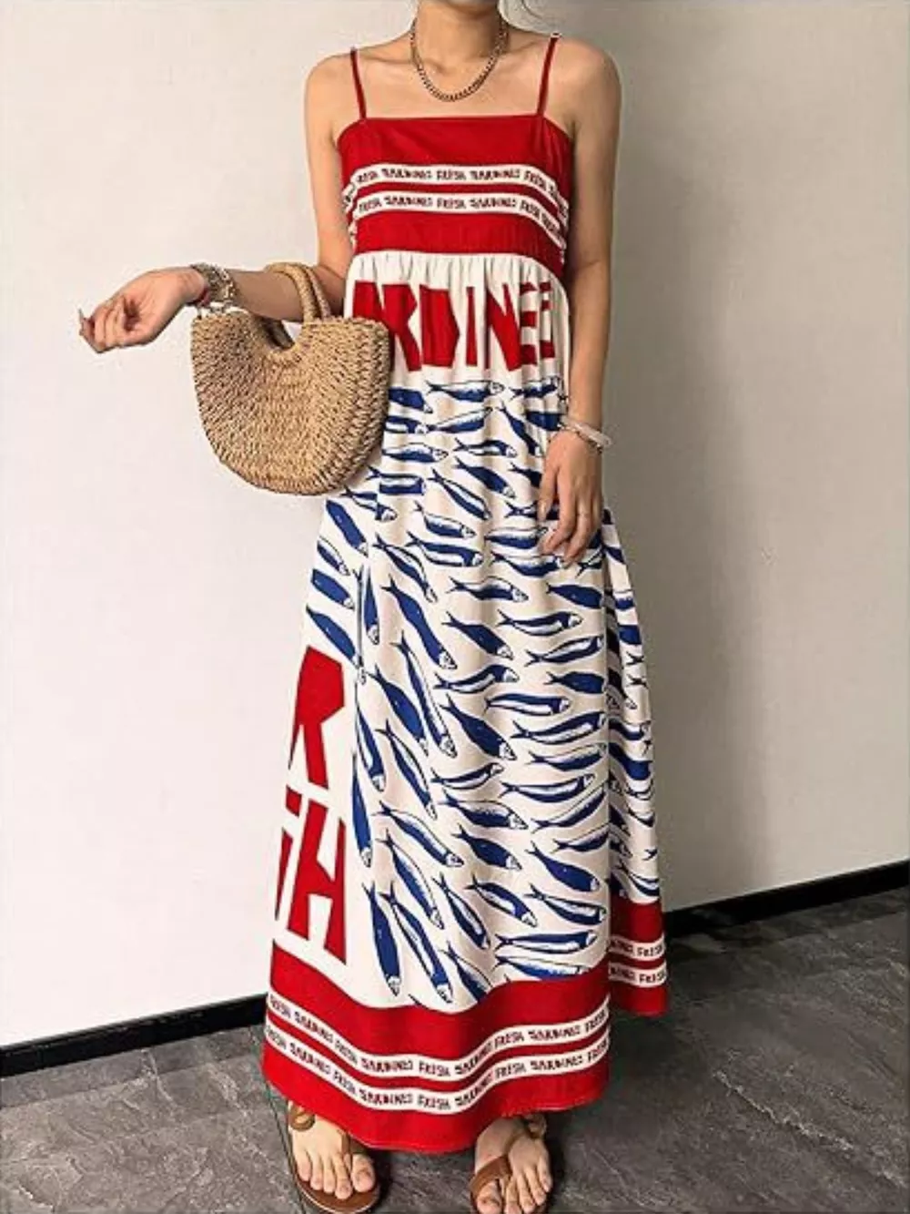 Sardine Print Spaghetti Strap Maxi Dress, image 2