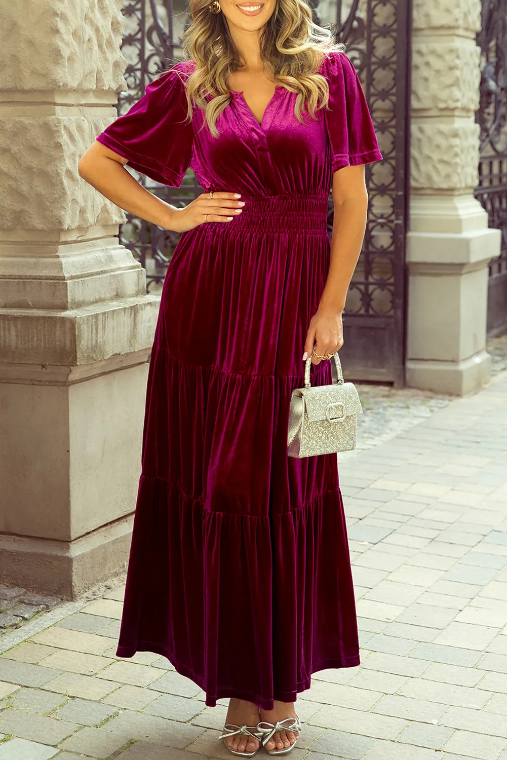 Tiered Notched Short Sleeve Dress with Pockets, image 8