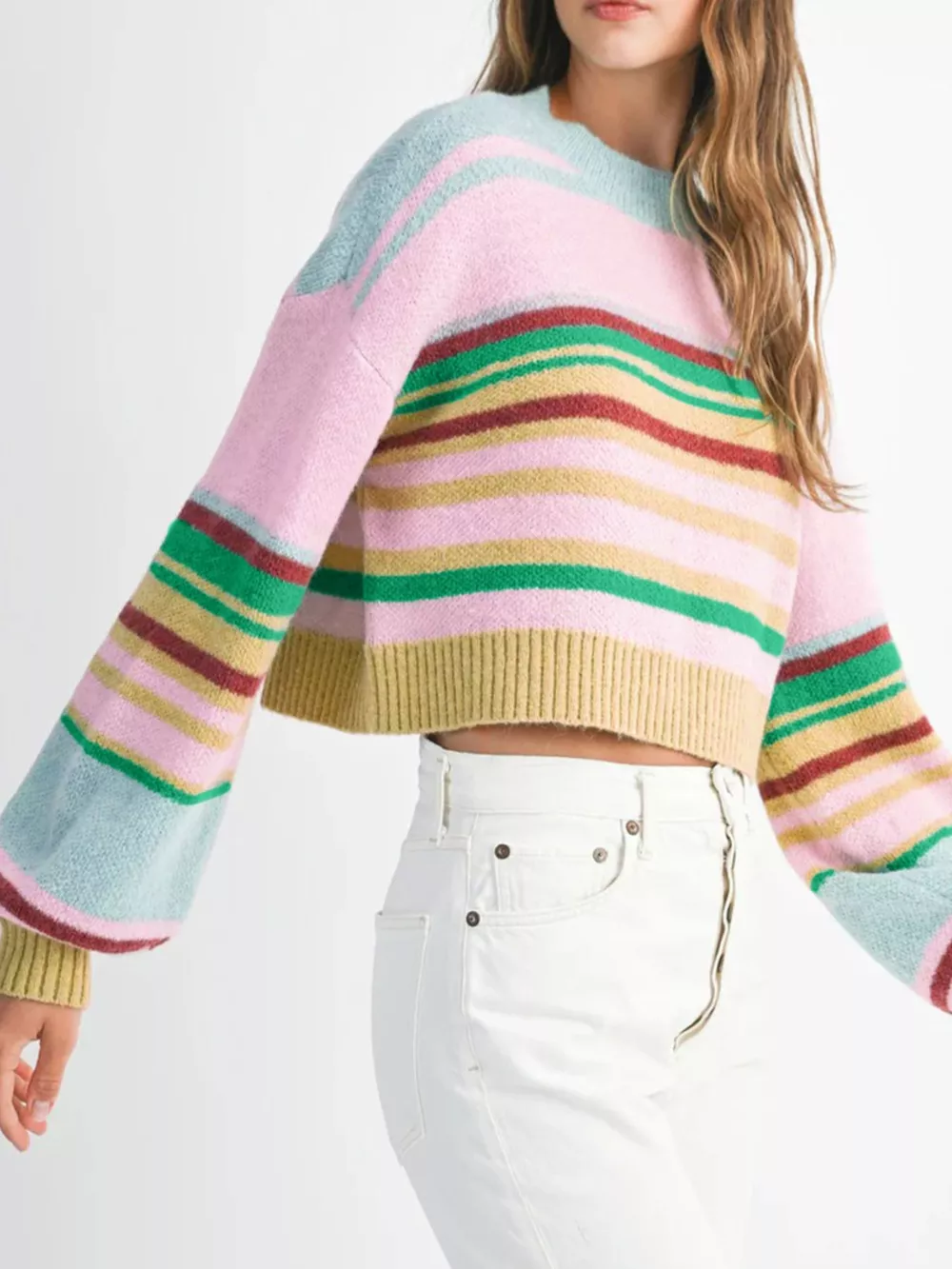 Multicolour Striped Knit Ribbed Trim Boxy Fit Cropped Sweater, image 5