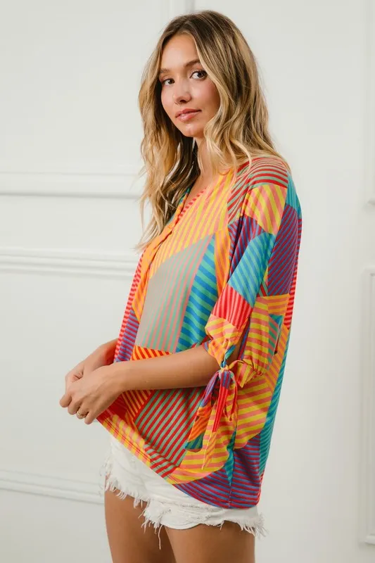 Multi Stripe Block Printed Jersey Blouse with Tied Sleeves, image 3