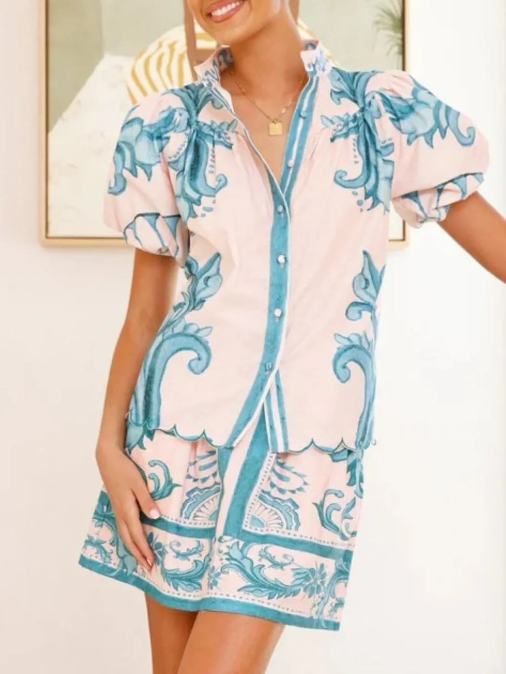 Printed Puff Sleeve Top and Skirt Set, image 12