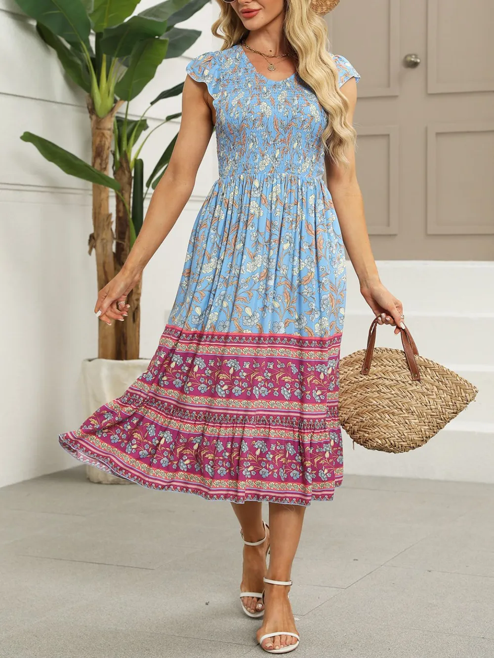 Printed Round Neck Cap Sleeve Dress, image 5