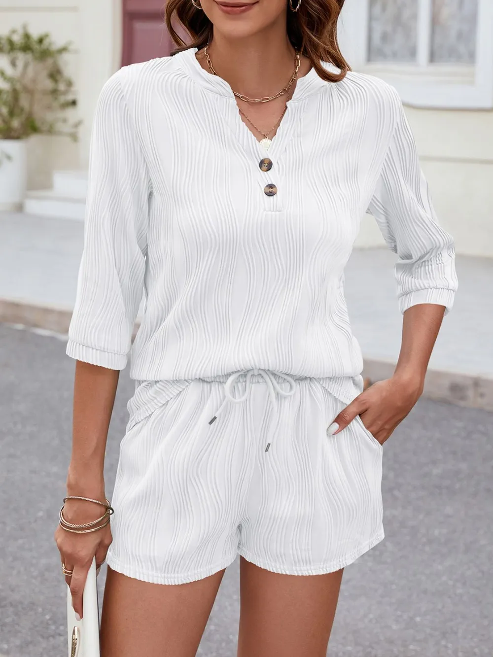 Textured Notched Top and Drawstring Shorts Set, image 14