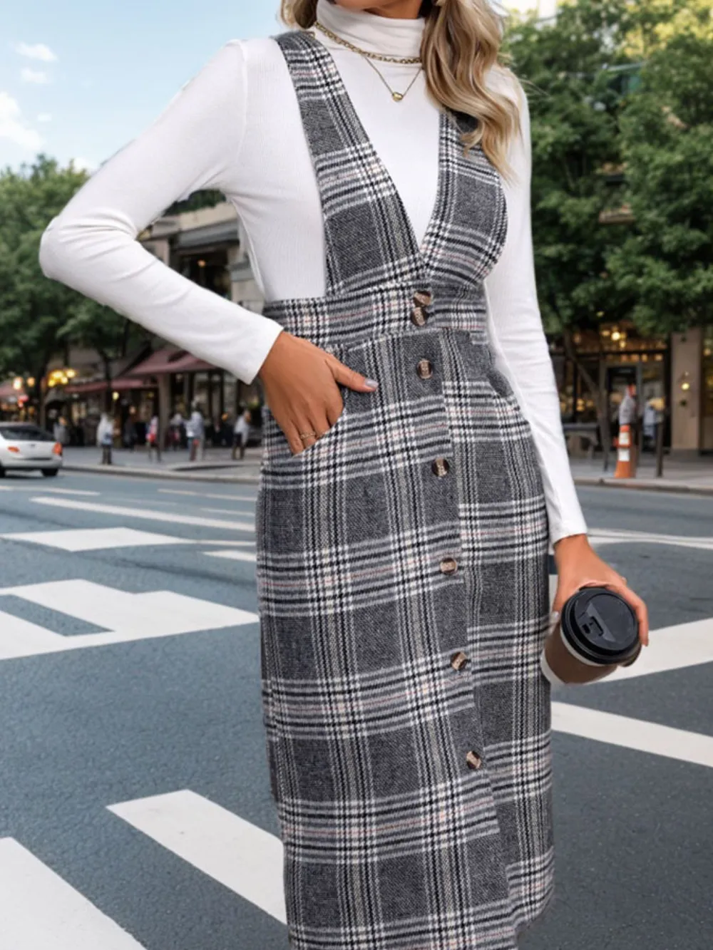 Pocketed Plaid Overall Dress, image 3