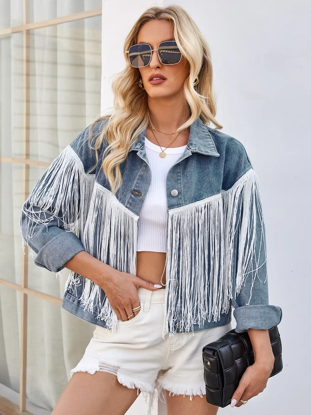 Tassel Button Up Dropped Shoulder Denim Jacket, image 5