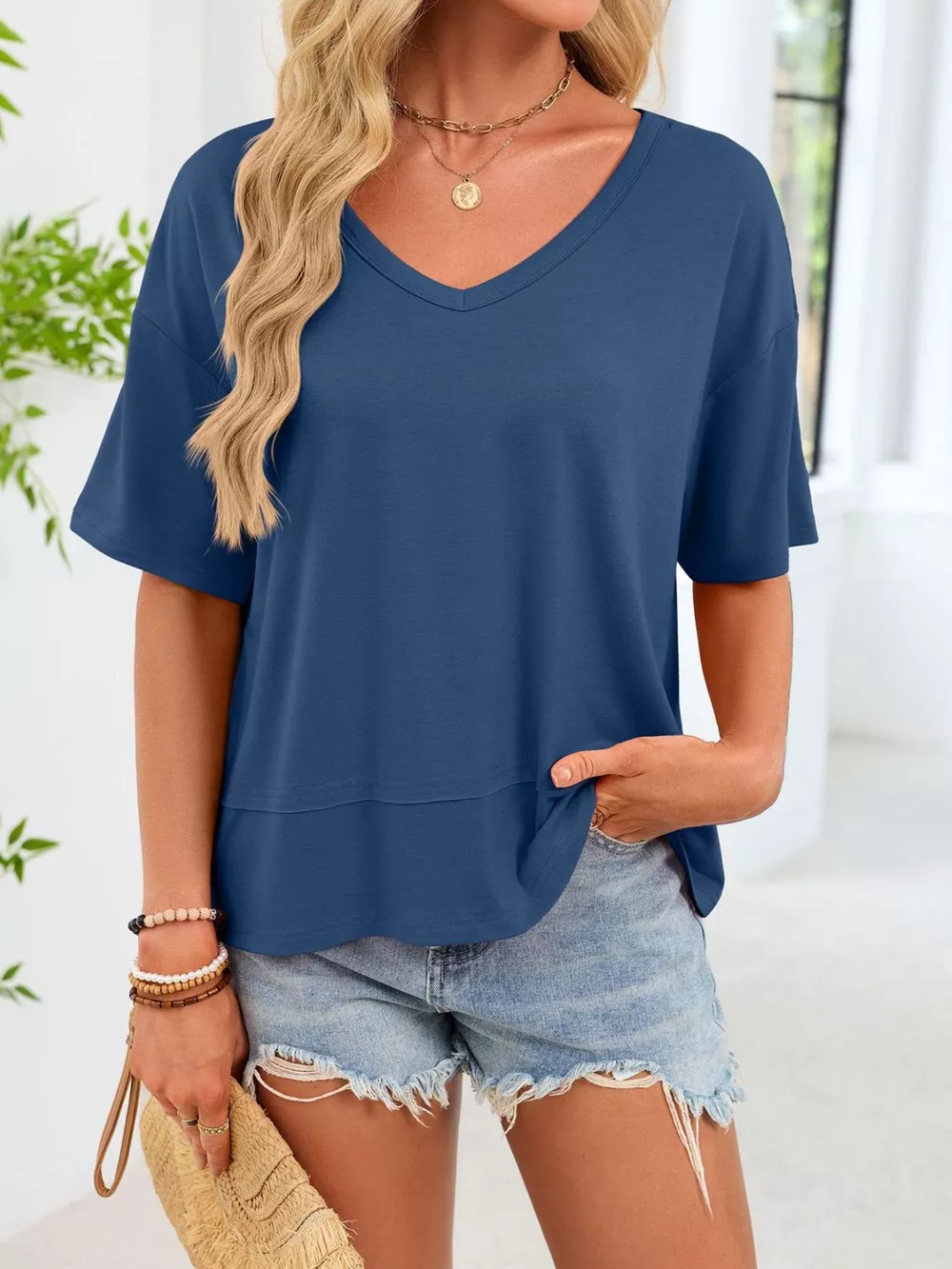 V-Neck Relaxed Fit Solid Color T-Shirt, image 14