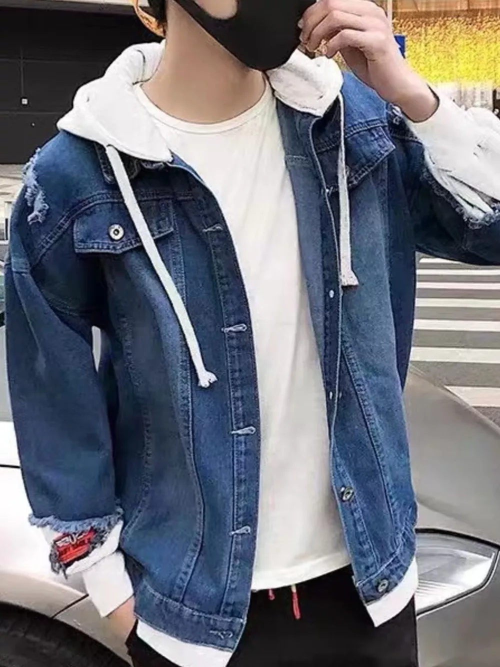 Men's Full Size Distressed Patchwork Hooded Denim Jacket Plus Size, image 3
