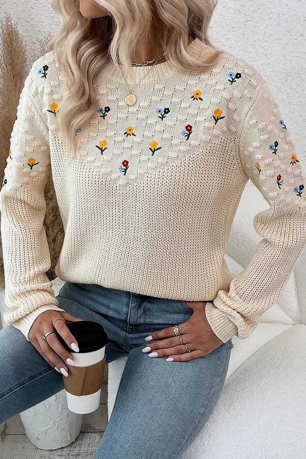Floral Round Neck Dropped Shoulder Sweater, image 5