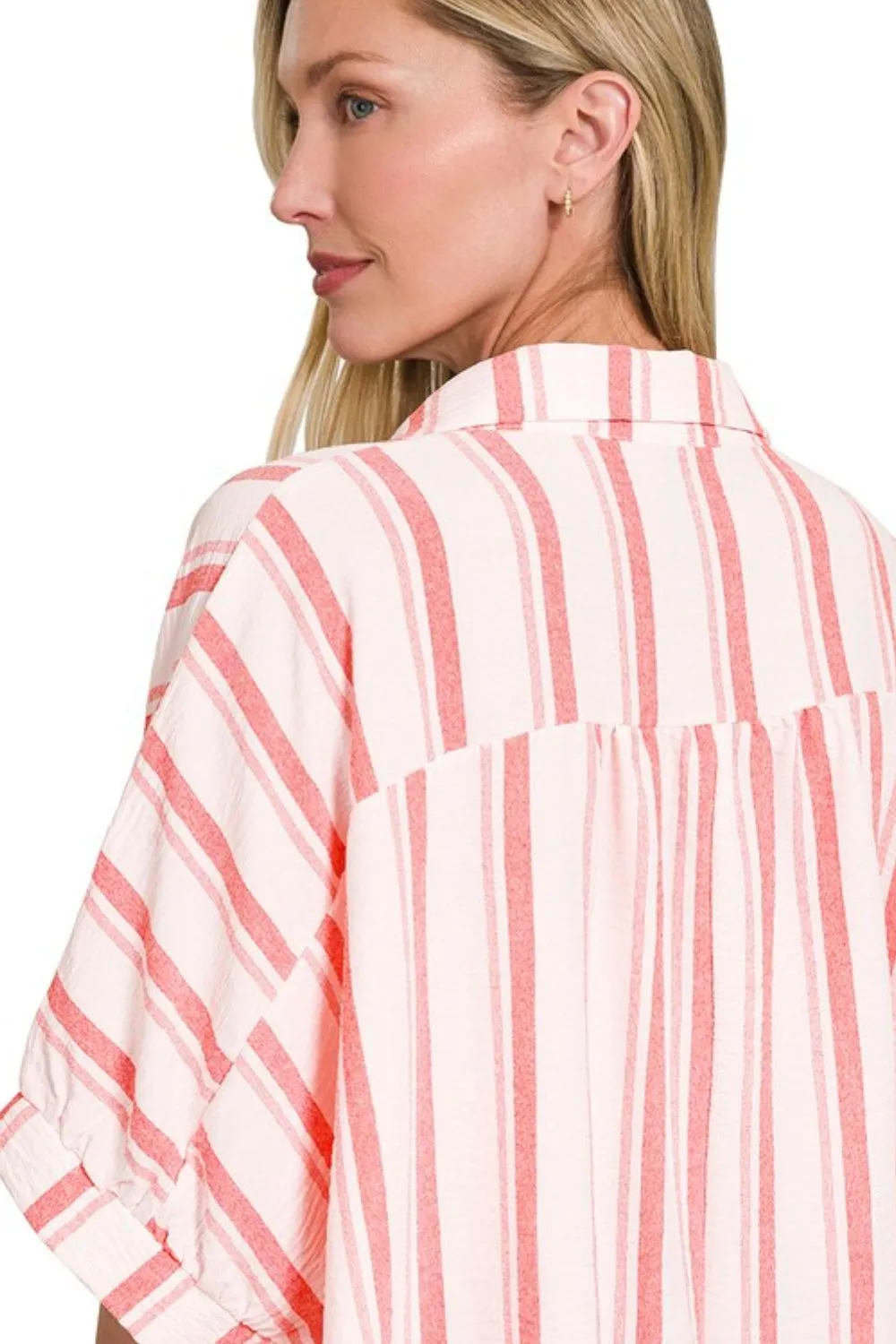 Woven Yarn-Dye Stripe Oversized Button Down Shirt, image 4