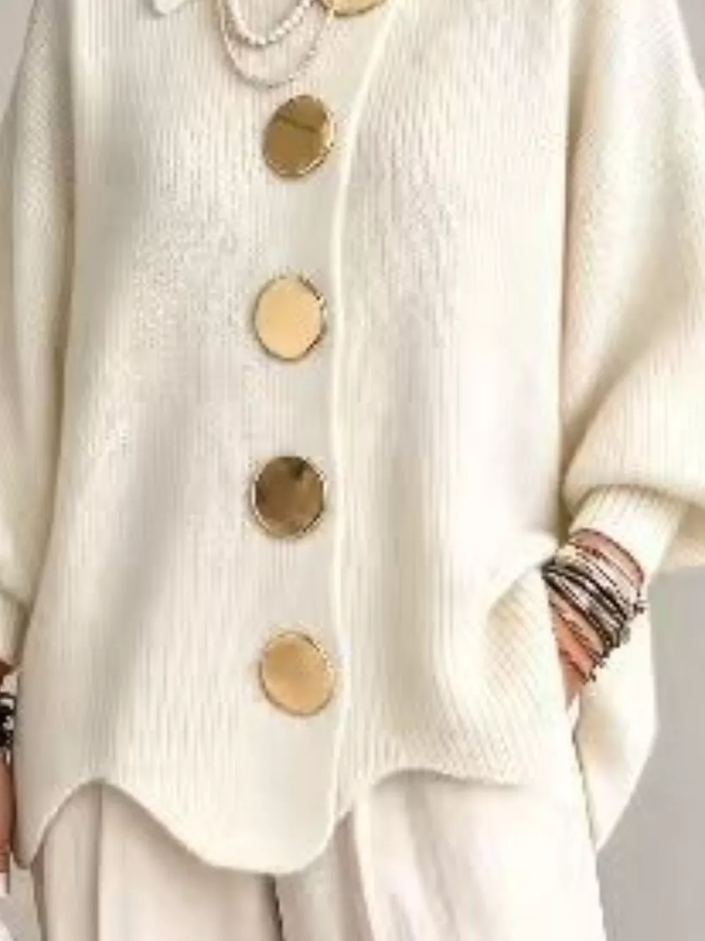 Full Size Gold Buttons Lantern Sleeve Cardigan Plus Size, image 3