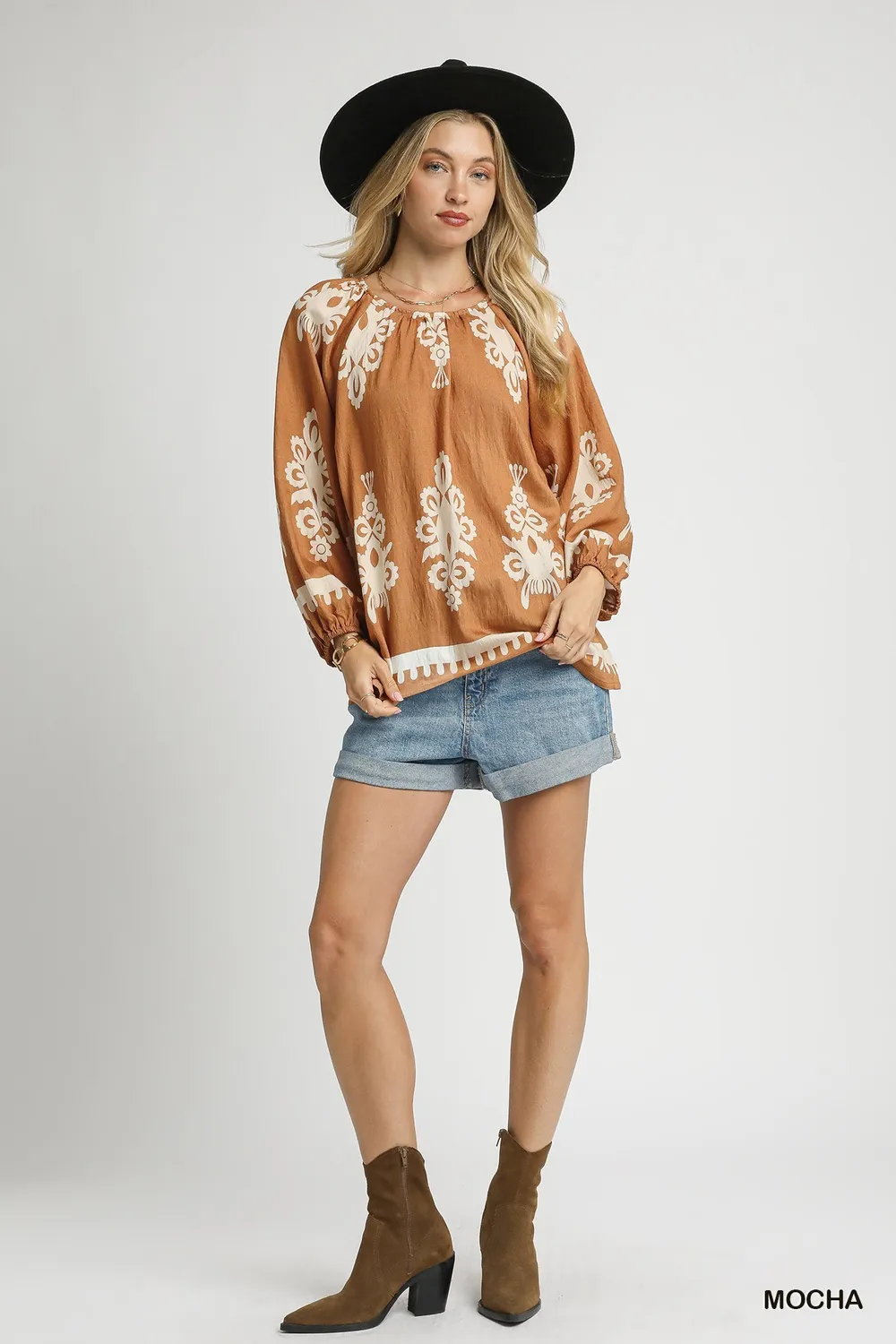 Full Size Two Tone Border Print Top with Balloon Sleeves Plus Size, image 6