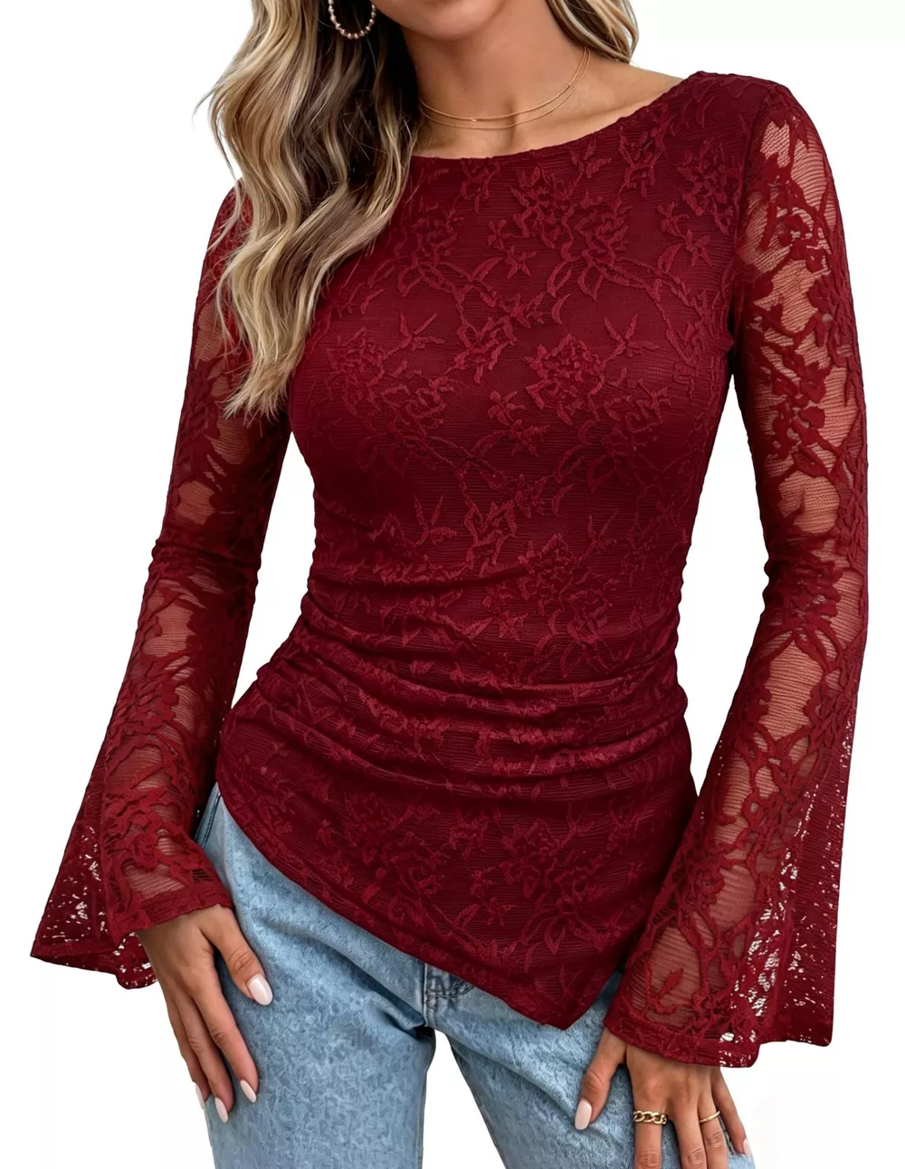 Floral Lace Long Sleeve Blouse with Flared Cuffs, image 10