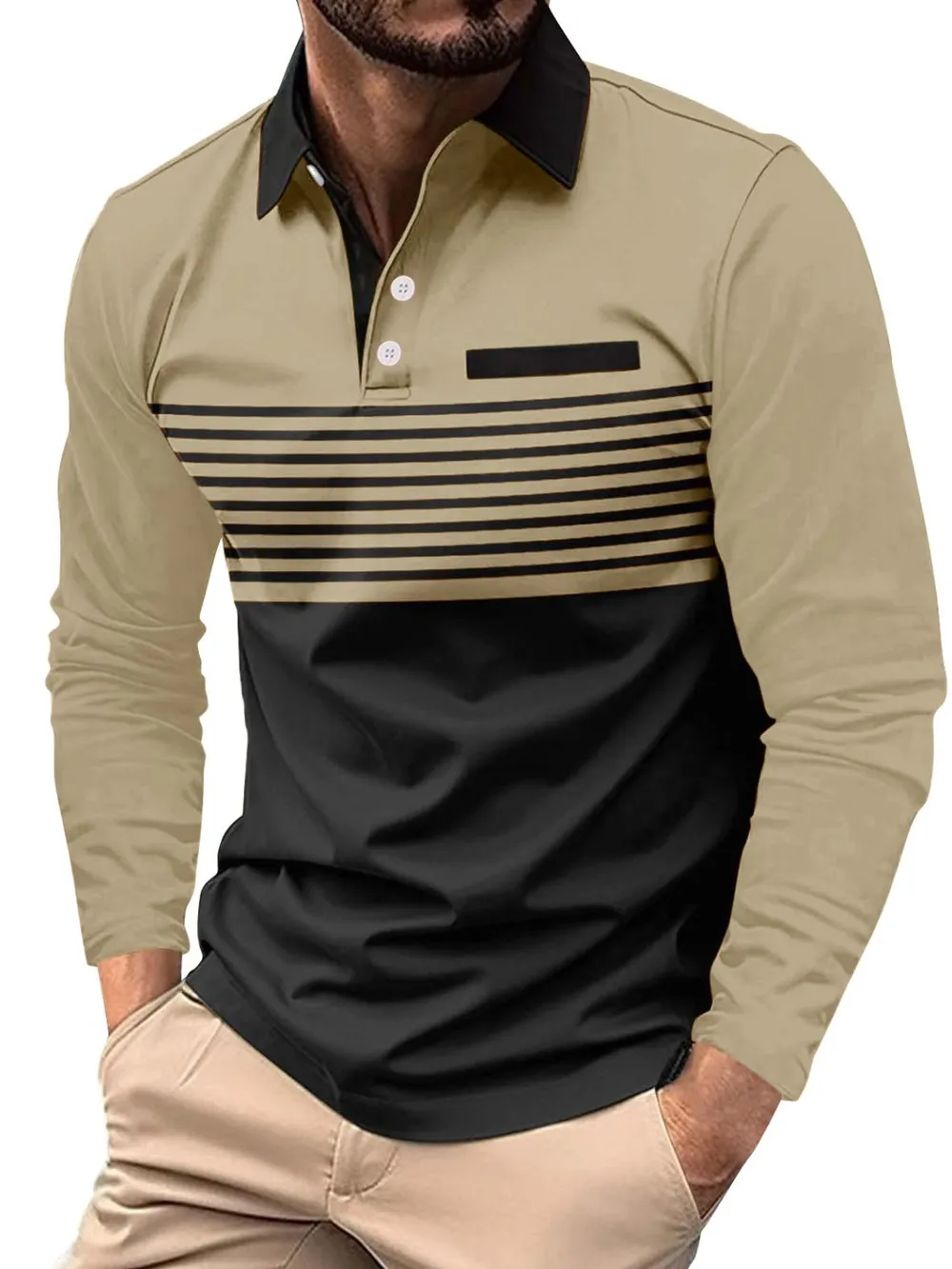 Men's Full Size Collared Neck Long Sleeve Striped Polo Plus Size, image 8