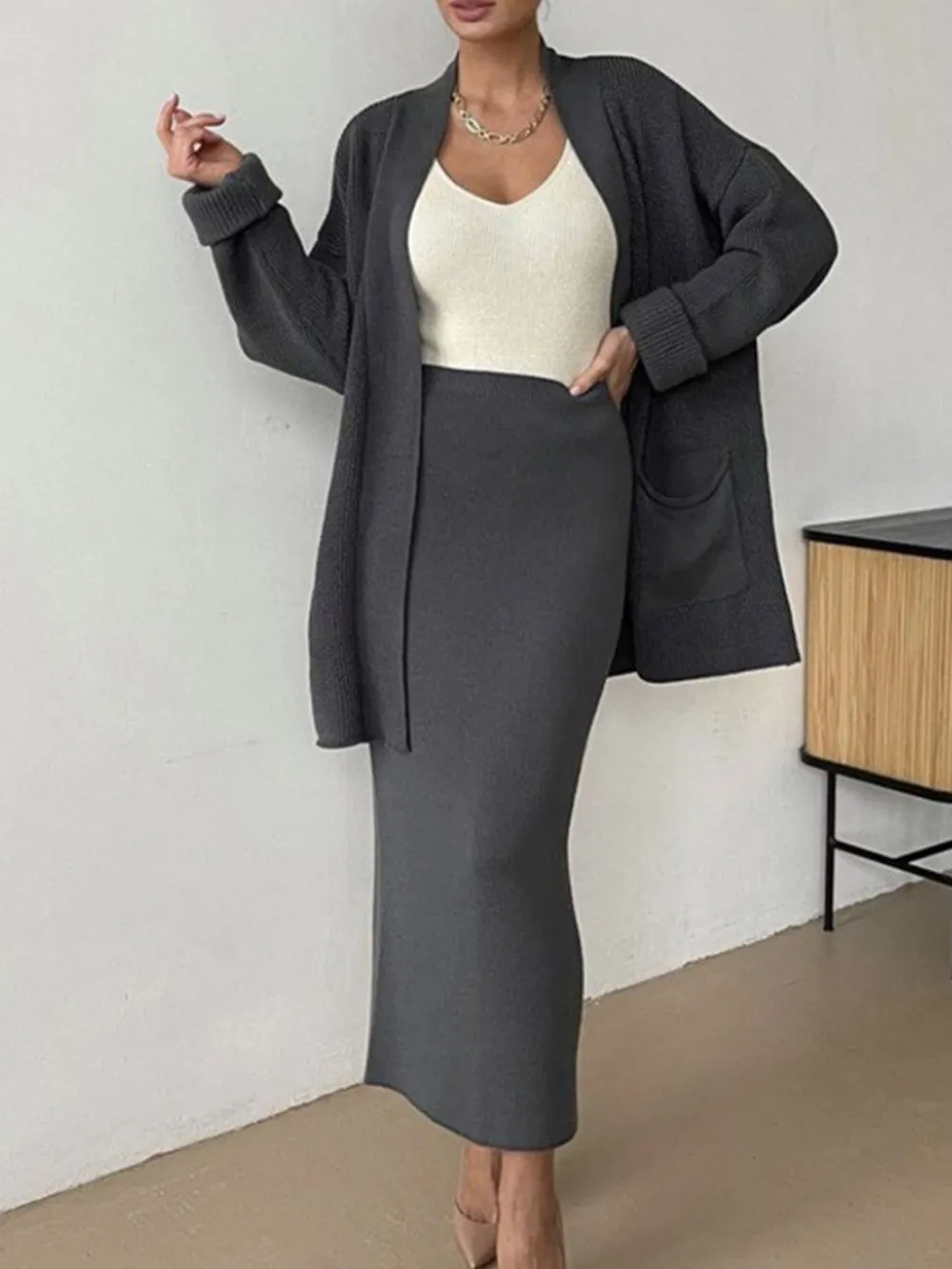 Pocketed Long Sleeve Cardigan and Skirt Sweater Set, image 17