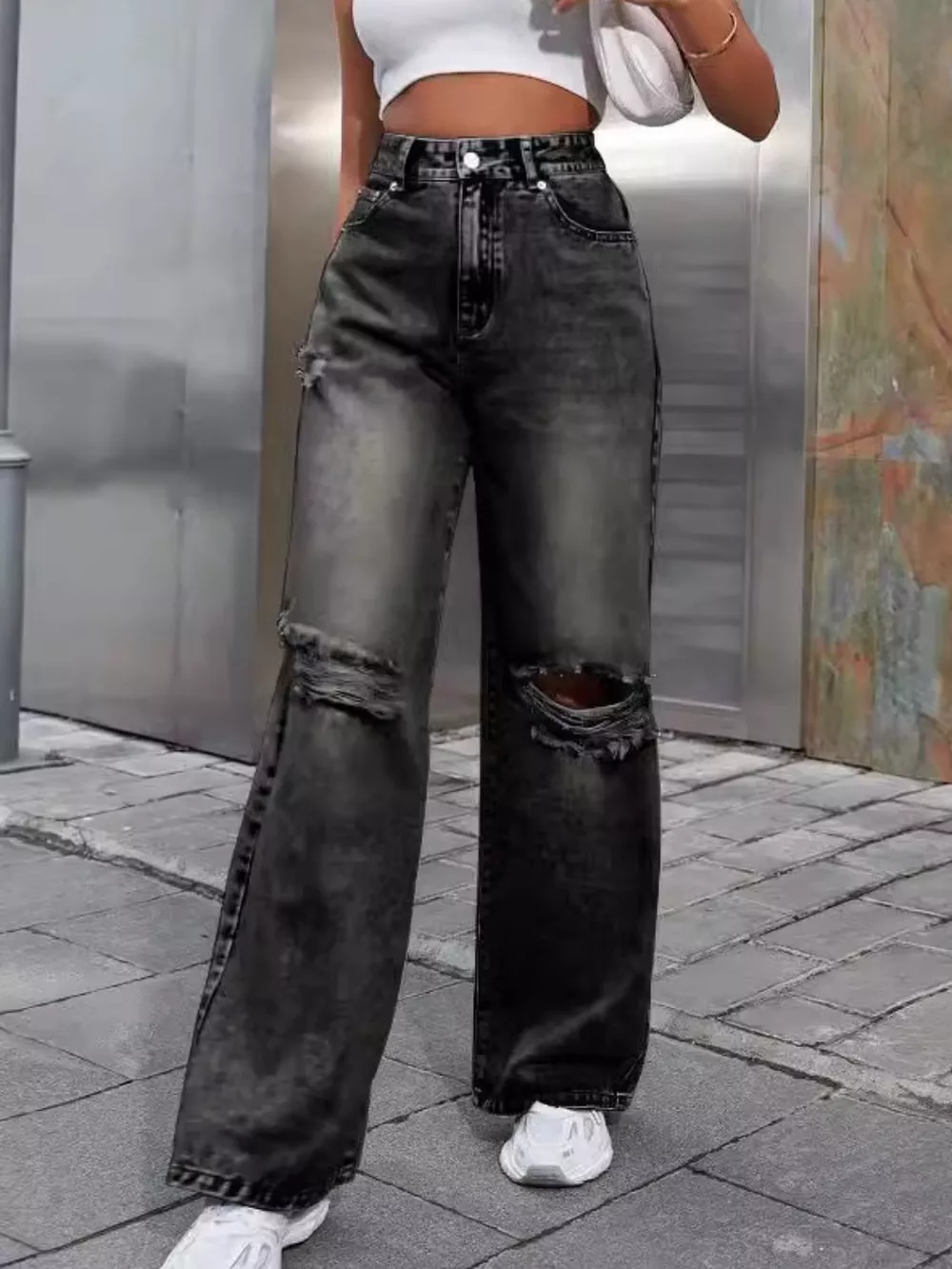 Distressed Wide Leg Jeans with Pockets, image 2
